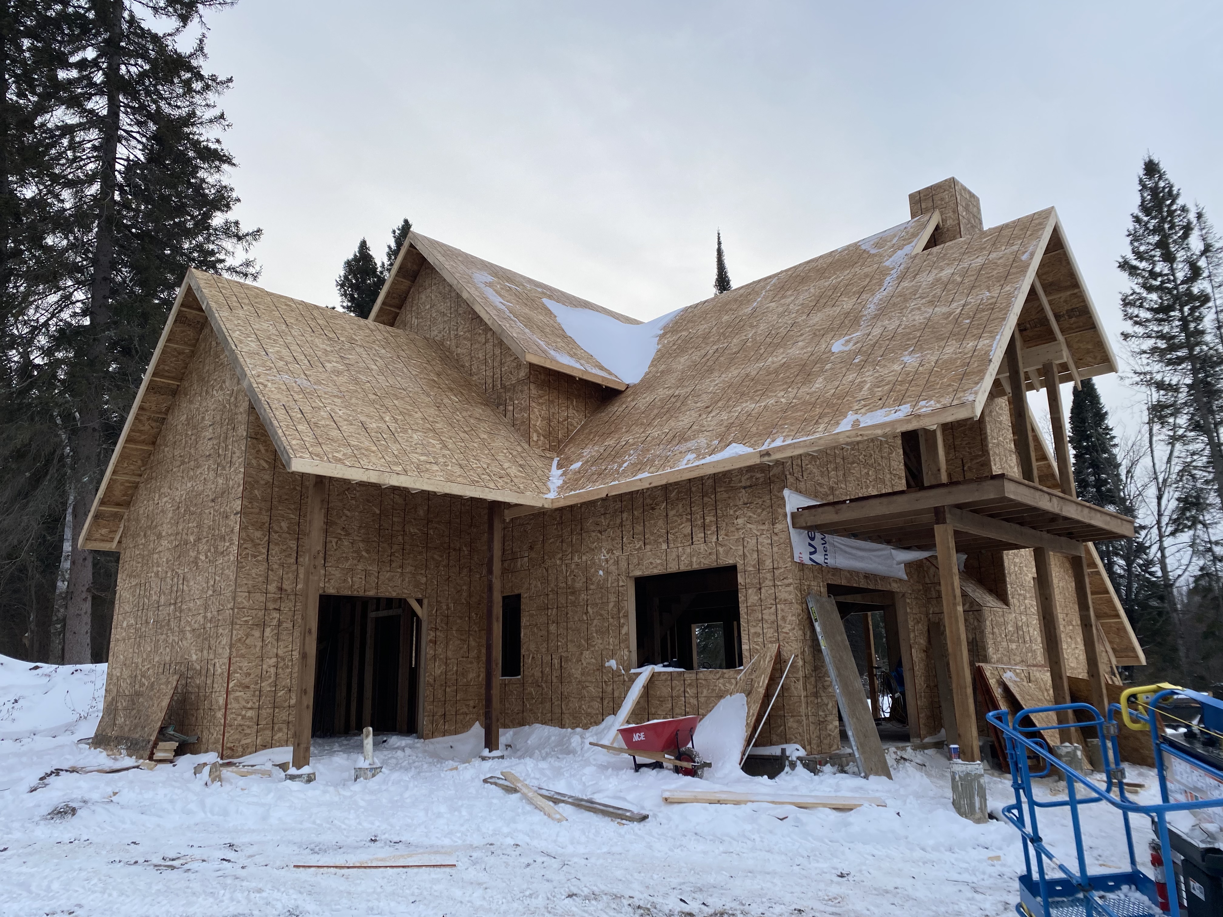 Front elevation showing multiple gables on the framed home