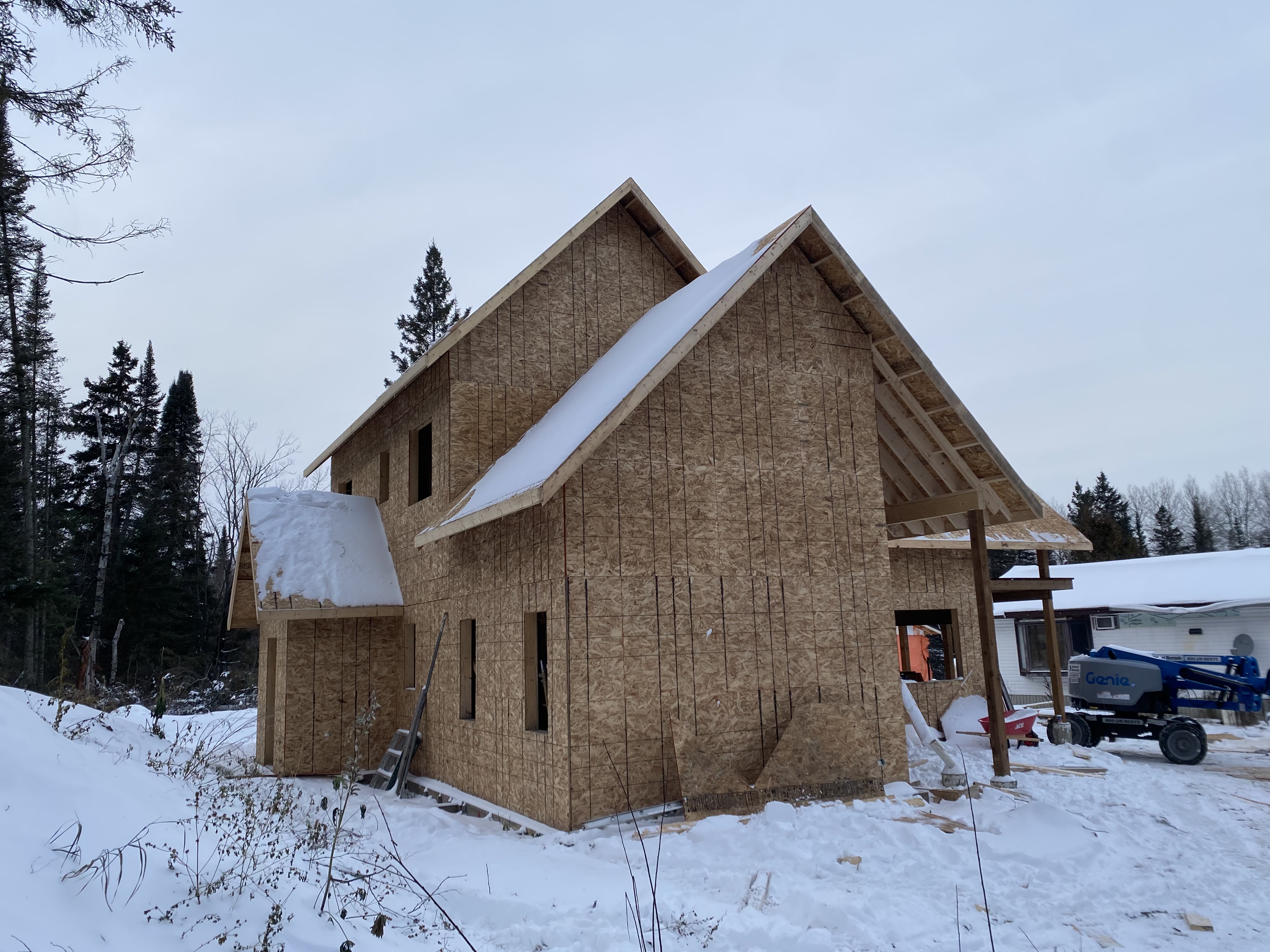 Rear elevation with dormers, framed and sheathed