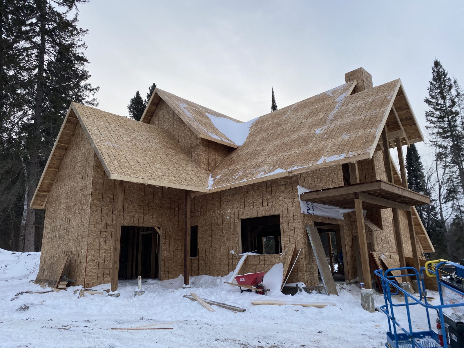 Front elevation showing multiple gables on the framed home
